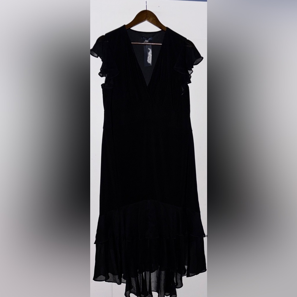 Tommy Hilfiger Chiffon Ruffle Trim V-Neck Midi Black Tiered Dress Women 14 NEW - Picture 2 of 12